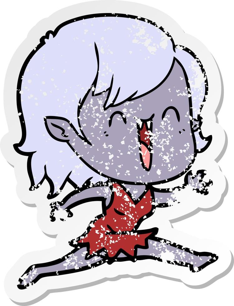 distressed sticker of a cute cartoon happy vampire girl vector