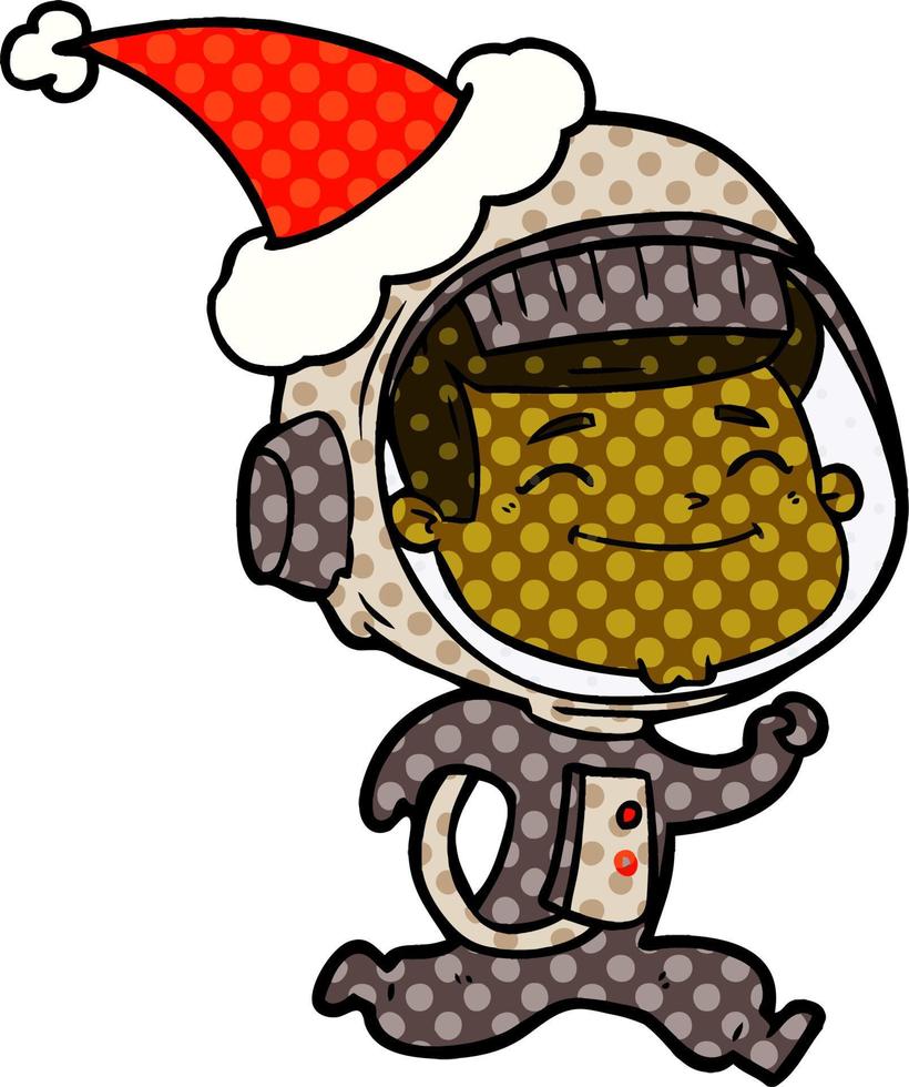 happy comic book style illustration of a astronaut wearing santa hat vector