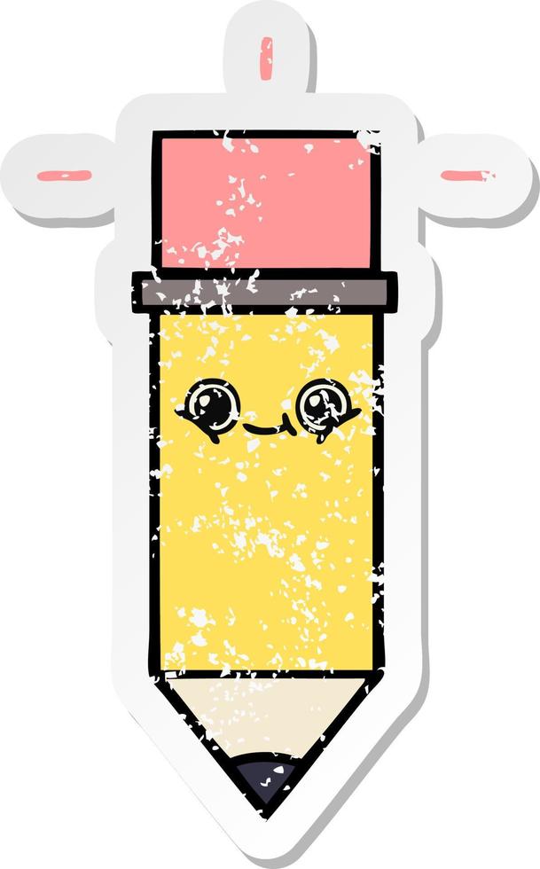 distressed sticker of a cute cartoon pencil vector