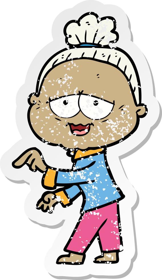 distressed sticker of a cartoon happy old lady vector