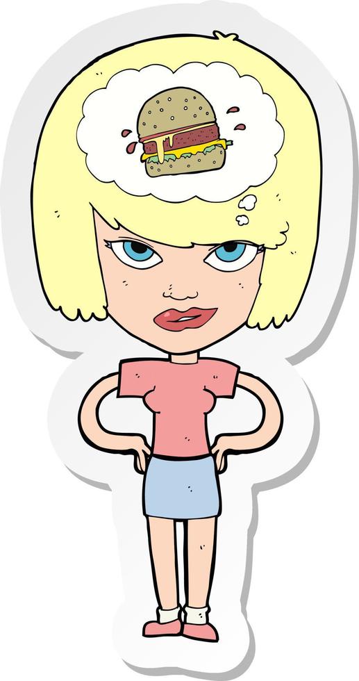 sticker of a cartoon woman thinking about junk food vector