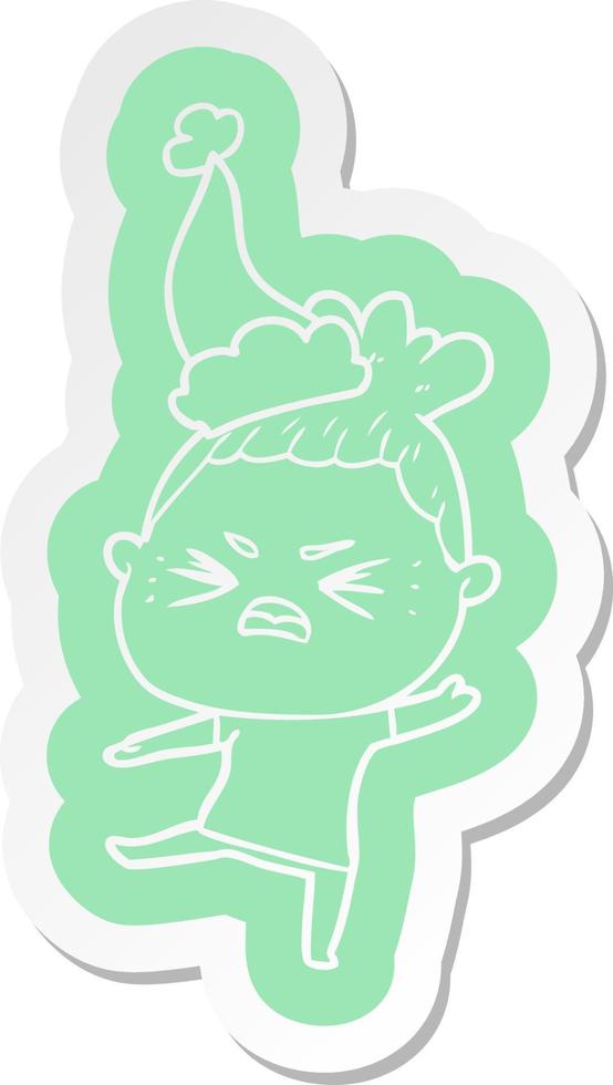 cartoon  sticker of a angry woman wearing santa hat vector