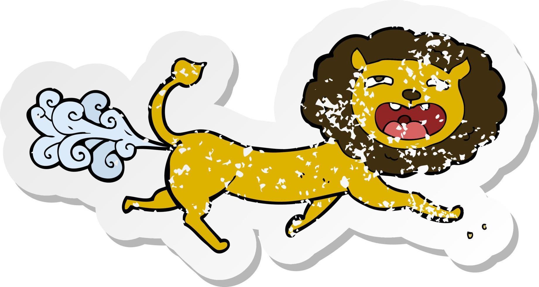 retro distressed sticker of a cartoon farting lion vector