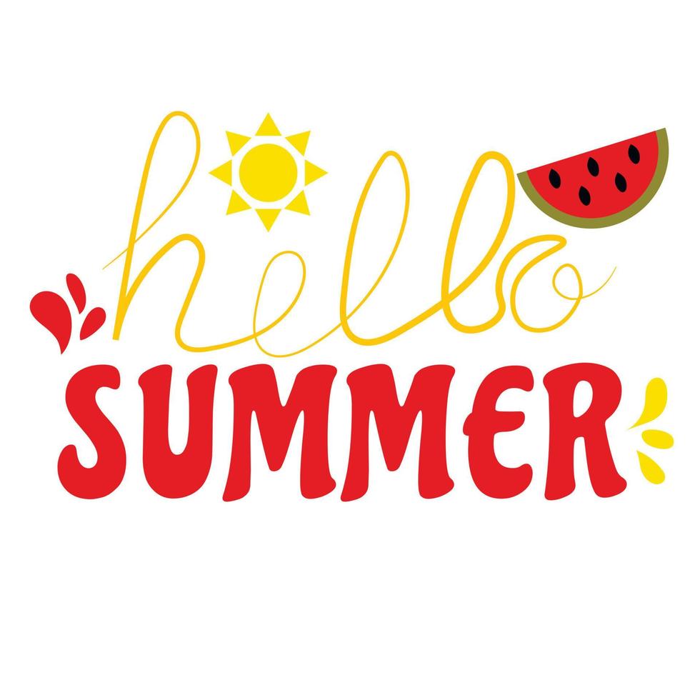 Vector illustration Hand drawn lettering composition of Hello Summer with sun and watermelon Handwritten calligraphy design