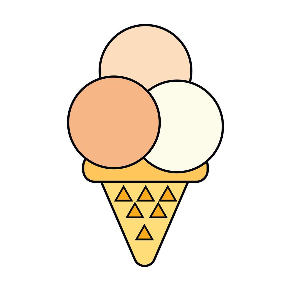 ice cream balls in the waffle cone isolated on white background. Vector flat outline icon. Comic character in cartoon style illustration for t shirt design