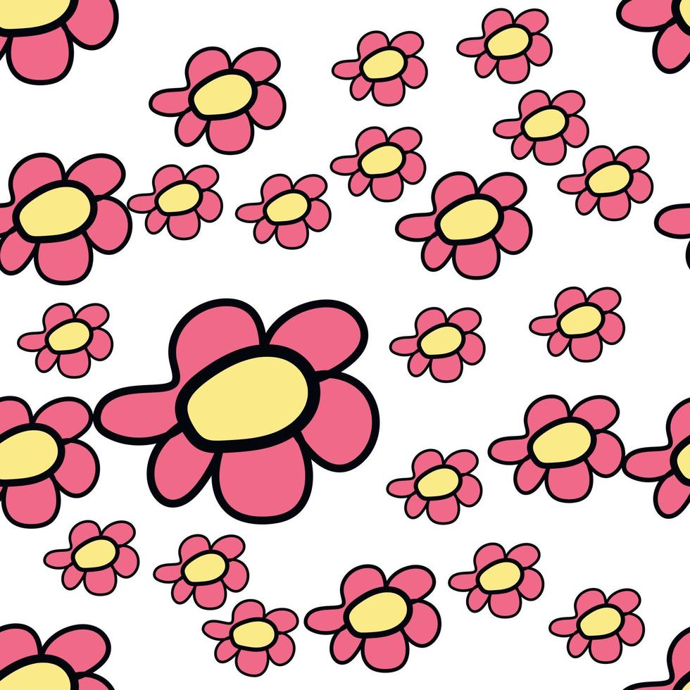 Colorful seamless pattern in geometric style with ditsy flowers. Groovy and fun vector print with smiled faces in chamomile flowers, cartoon style. Retro and hippie aesthetic, love and peace