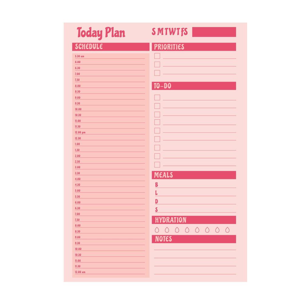Daily Planner Printable Template Vector Blank White Notebook Page A4 