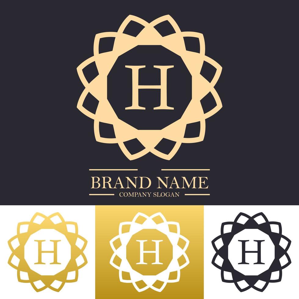 Simple round modern mandala logo design template with letter h and floral line art concept vector