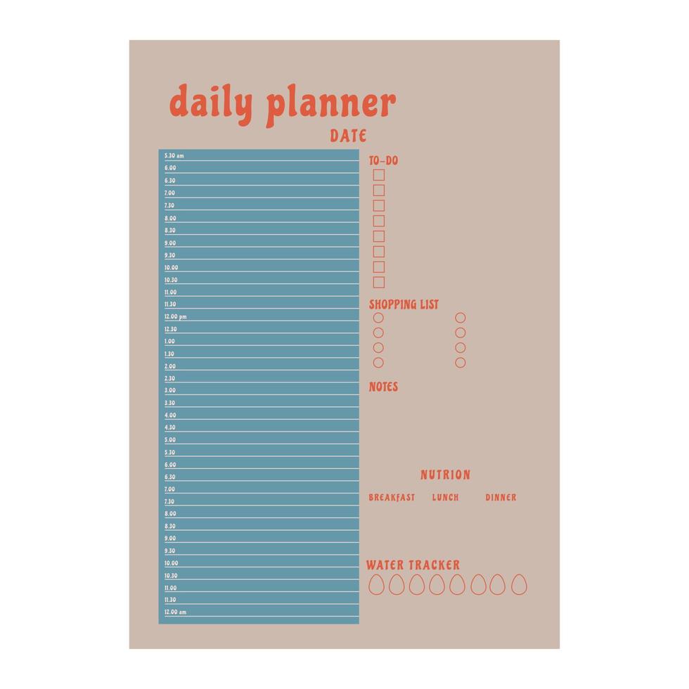 Daily planner printable template Vector. Blank white notebook page A4. Business organizer schedule page for a day for effective planning. Paper sheet. Vector illustration design