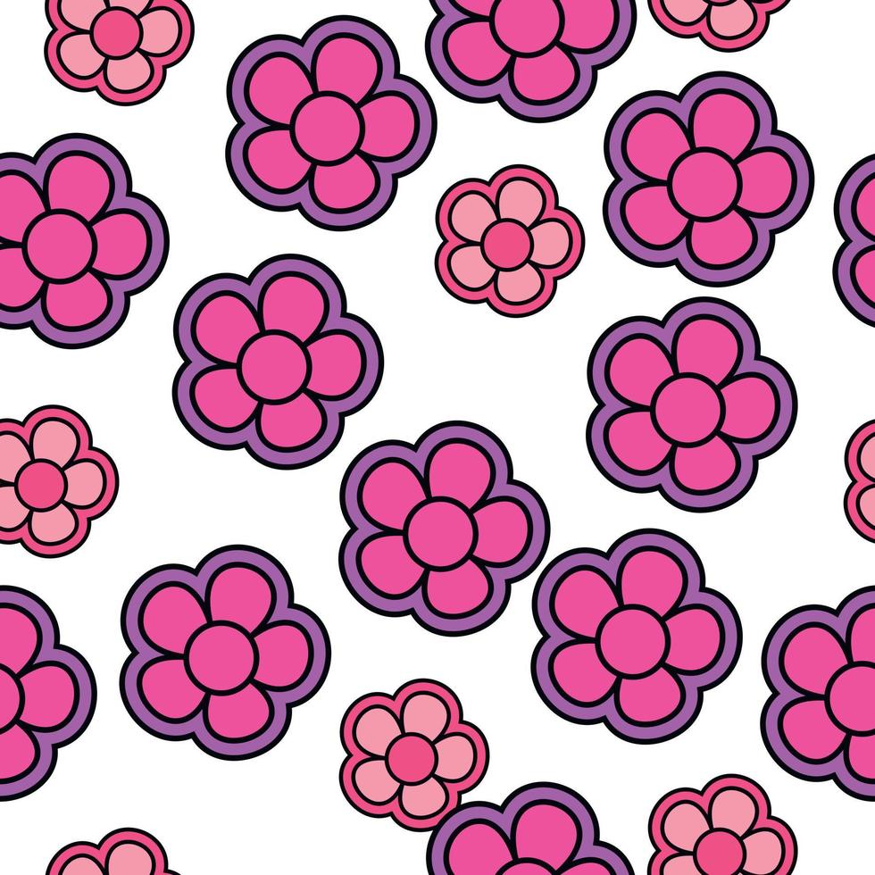 Colorful seamless pattern in geometric style with ditsy flowers. Groovy and fun vector print with smiled faces in chamomile flowers, cartoon style. Retro and hippie aesthetic, love and peace