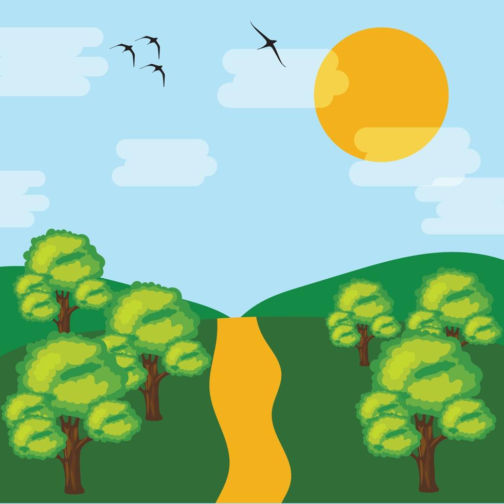 cute summer natural landscape. lake among bushes, fields and hills in the background, coniferous trees, deciduous forest, sky with the sun, clouds and silhouettes of flying birds. vector