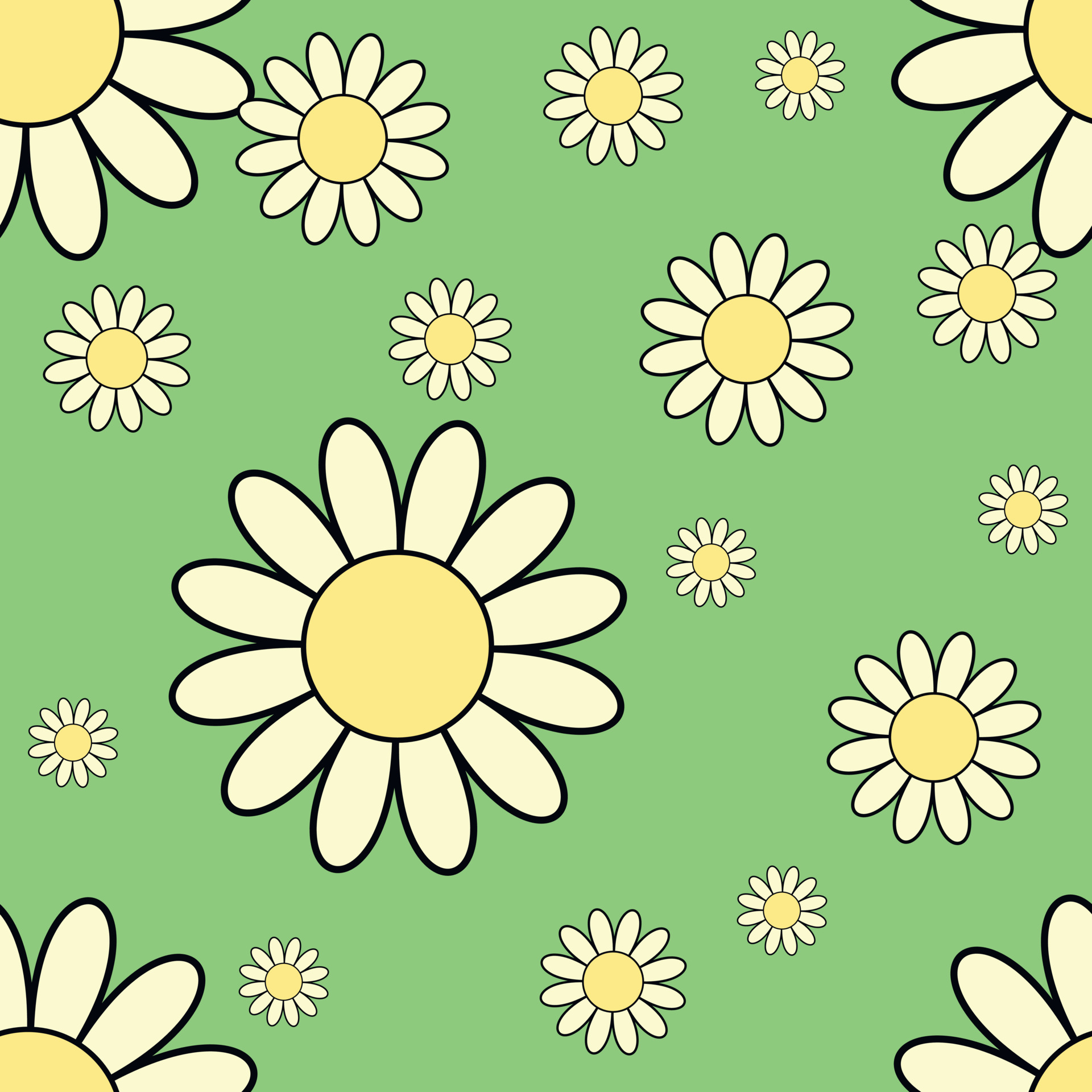Colorful seamless pattern in geometric style with ditsy flowers. Groovy and  fun vector print with smiled faces in chamomile flowers, cartoon style.  Retro and hippie aesthetic, love and peace 8783038 Vector Art