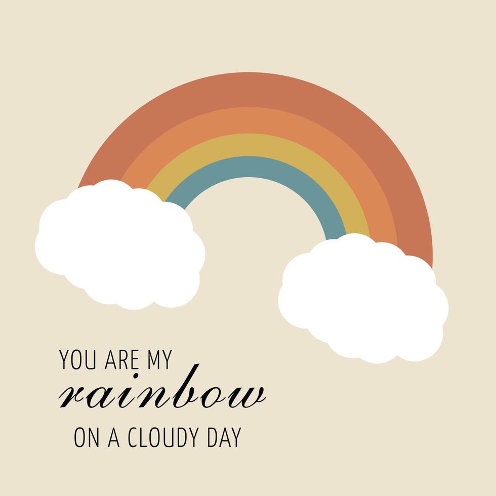 Vector lettering illustration. 70s retro style. Send me you are my rainbow on a cl slogan for graphic tee shirt. Icon of rainbow with daisy. Print to poster, sticker, banner, flyer, badge, advertising