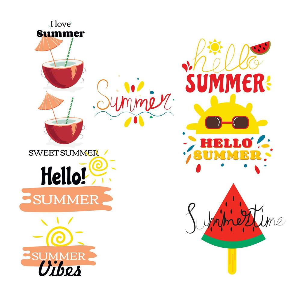 etiquetas de verano, logotipos, etiquetas dibujadas a mano y elementos establecidos para vacaciones de verano, viajes, vacaciones en la playa, sol. ilustración vectorial vector