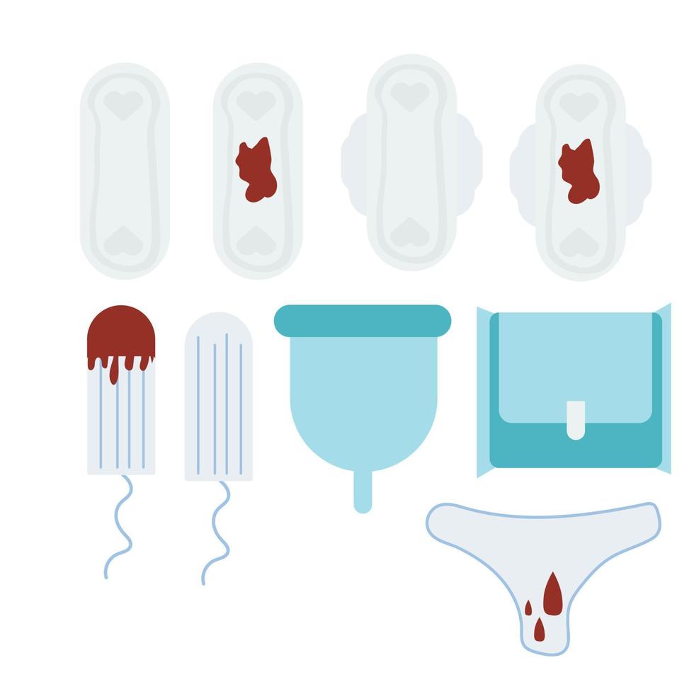 kit de períodos de cero residuos aislado sobre fondo blanco. toallas sanitarias reutilizables y copa menstrual contra tampones y toallas sanitarias. ilustración elegante de dibujos animados de diseño plano vectorial. concepto ecológico. vector