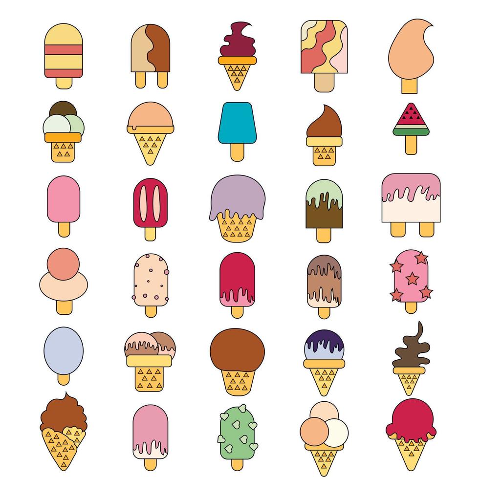 ice cream balls in the waffle cone isolated on white background. Vector flat outline icon. Comic character in cartoon style illustration for t shirt design