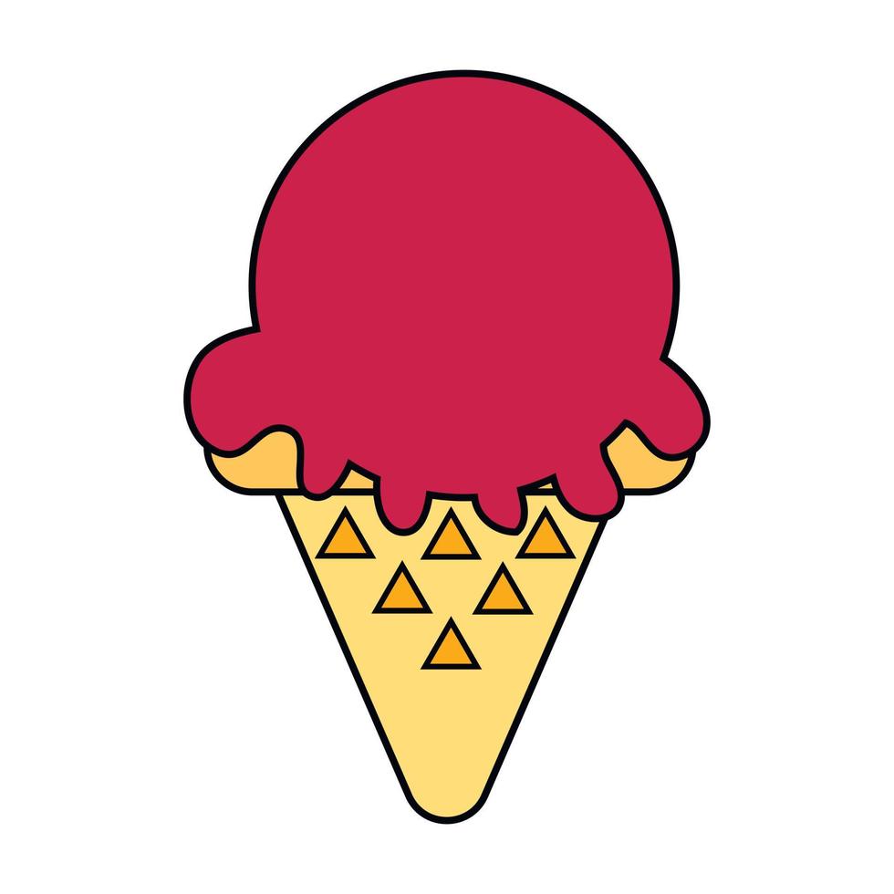 ice cream balls in the waffle cone isolated on white background. Vector flat outline icon. Comic character in cartoon style illustration for t shirt design