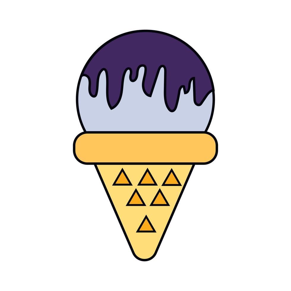 bolas de helado en el cono de galleta aislado sobre fondo blanco. icono de contorno plano vectorial. personaje cómico en la ilustración de estilo de dibujos animados para el diseño de la camiseta vector