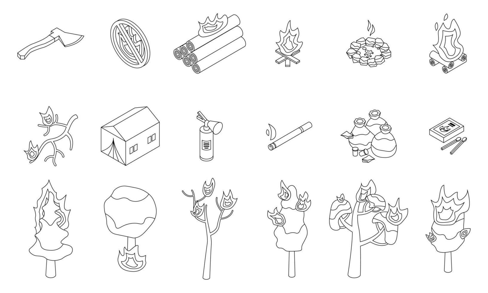 Burning forest icons set vector outline