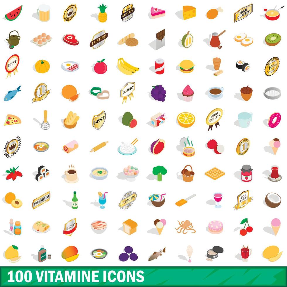 100 vitamine icons set, isometric 3d style vector