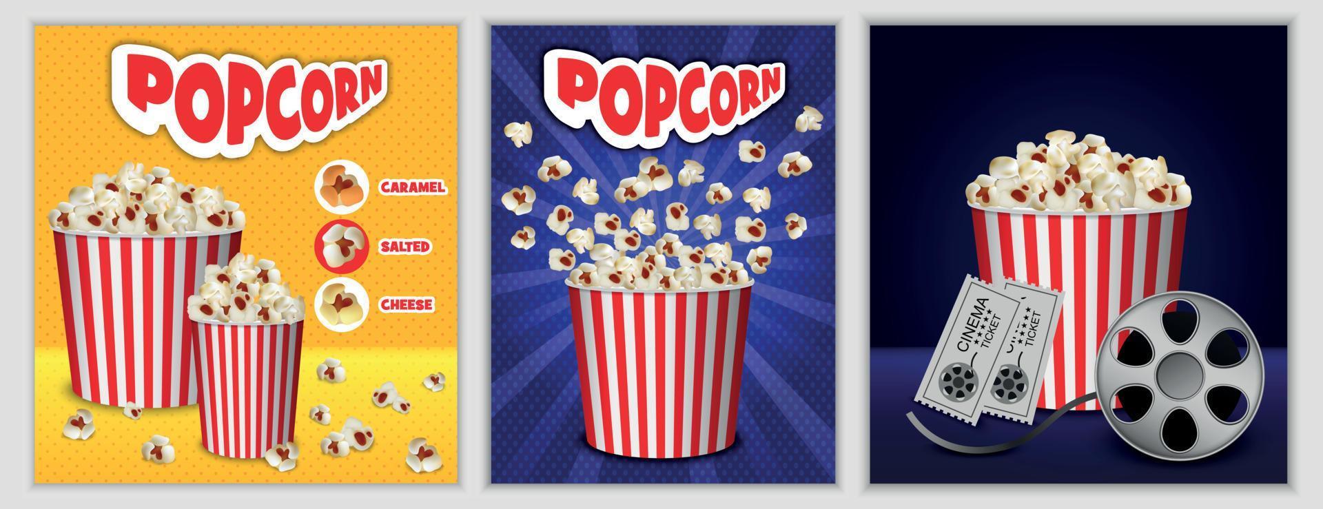 Popcorn cinema box banner set, realistic style vector