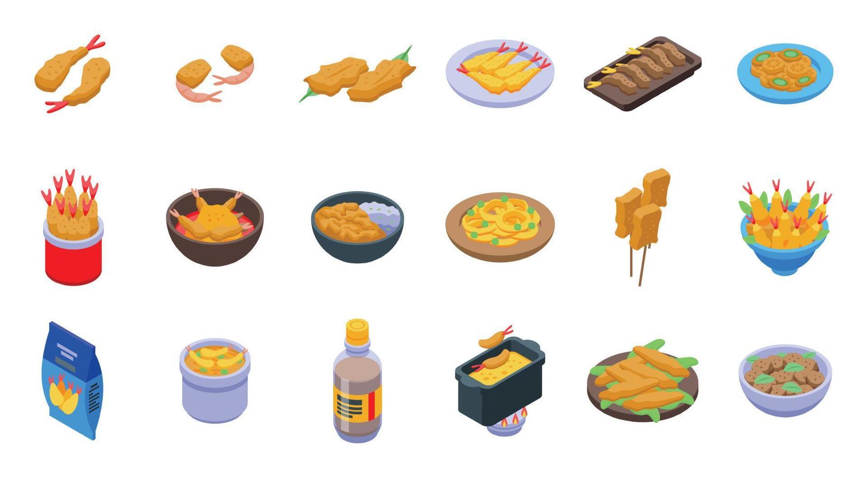 Tempura icons set isometric vector. Shrimp appetizer vector