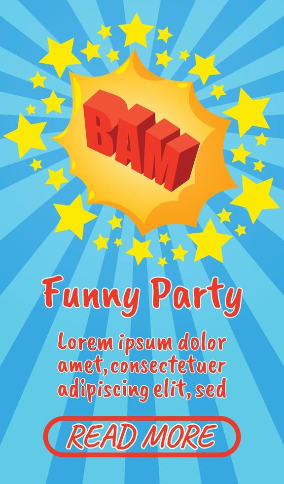 Funny party concept banner, comics isometric style vector
