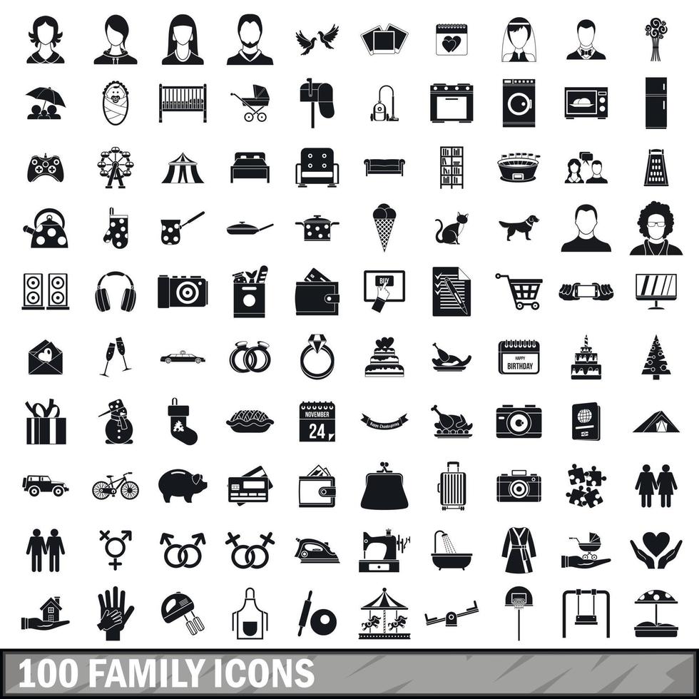 100 family icons set in simple style vector