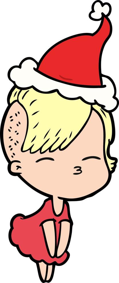 line drawing of a squinting girl in dress wearing santa hat vector