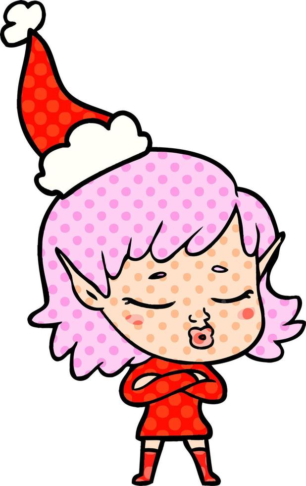 pretty comic book style illustration of a elf girl wearing santa hat vector