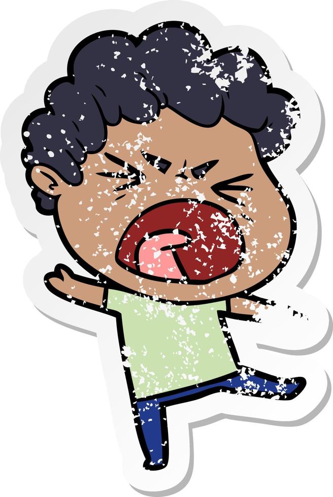 distressed sticker of a cartoon furious man vector