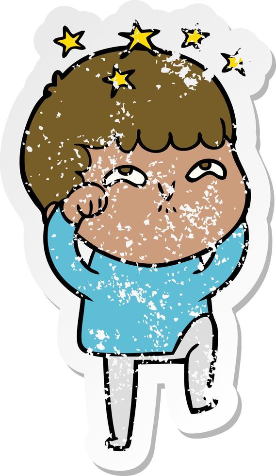 distressed sticker of a cartoon amazed boy vector