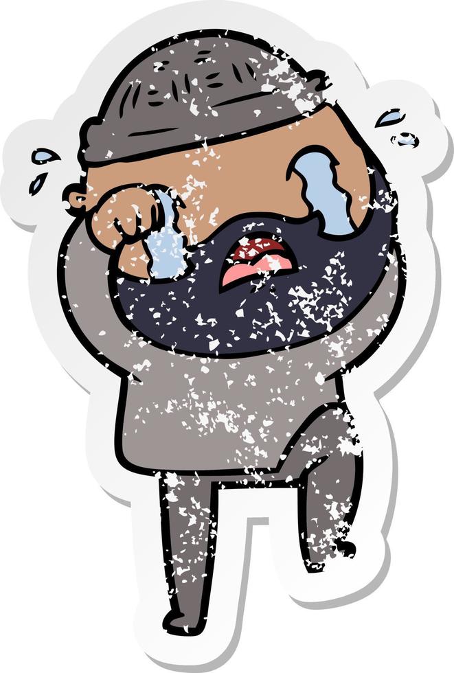 distressed sticker of a cartoon bearded man crying and stamping foot vector