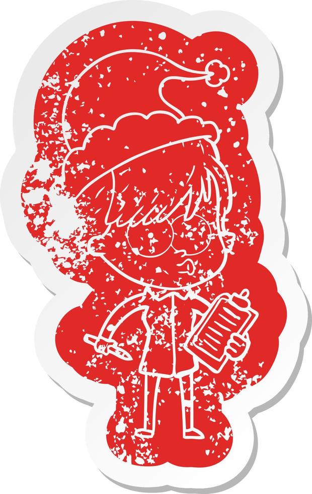 cartoon distressed sticker of a woman wearing santa hat vector