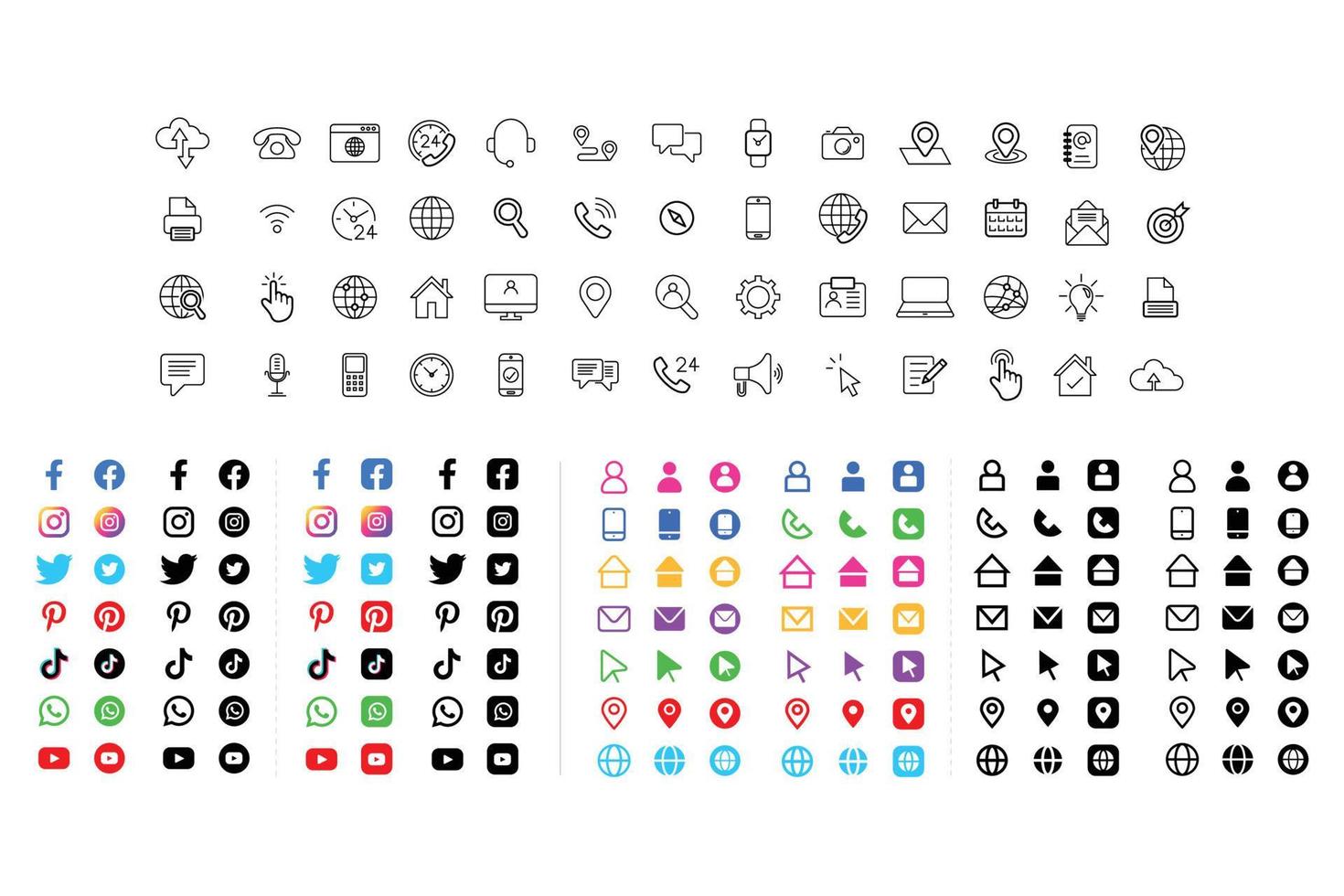 Icons and social media logo set for business cards. Vector icon collection.