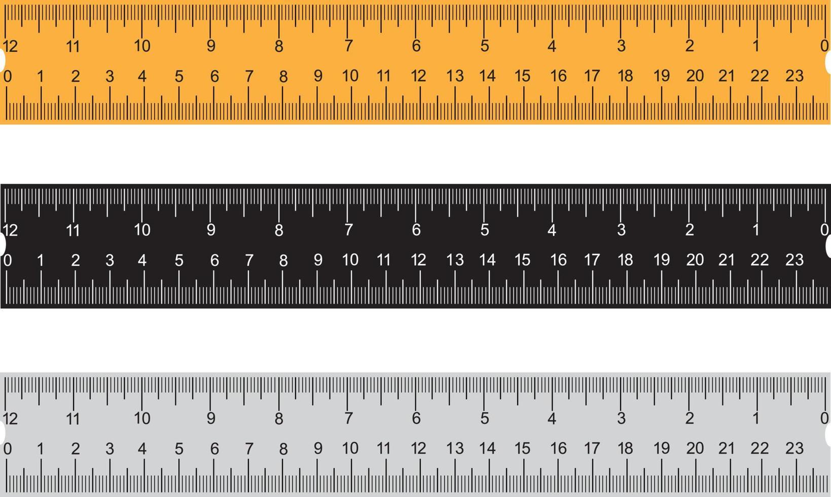 Set of three rulers on transparent background. Plastic yellow, black, gray  insulated rulers with double side measuring inches and centimeters. 8786428  Vector Art at Vecteezy