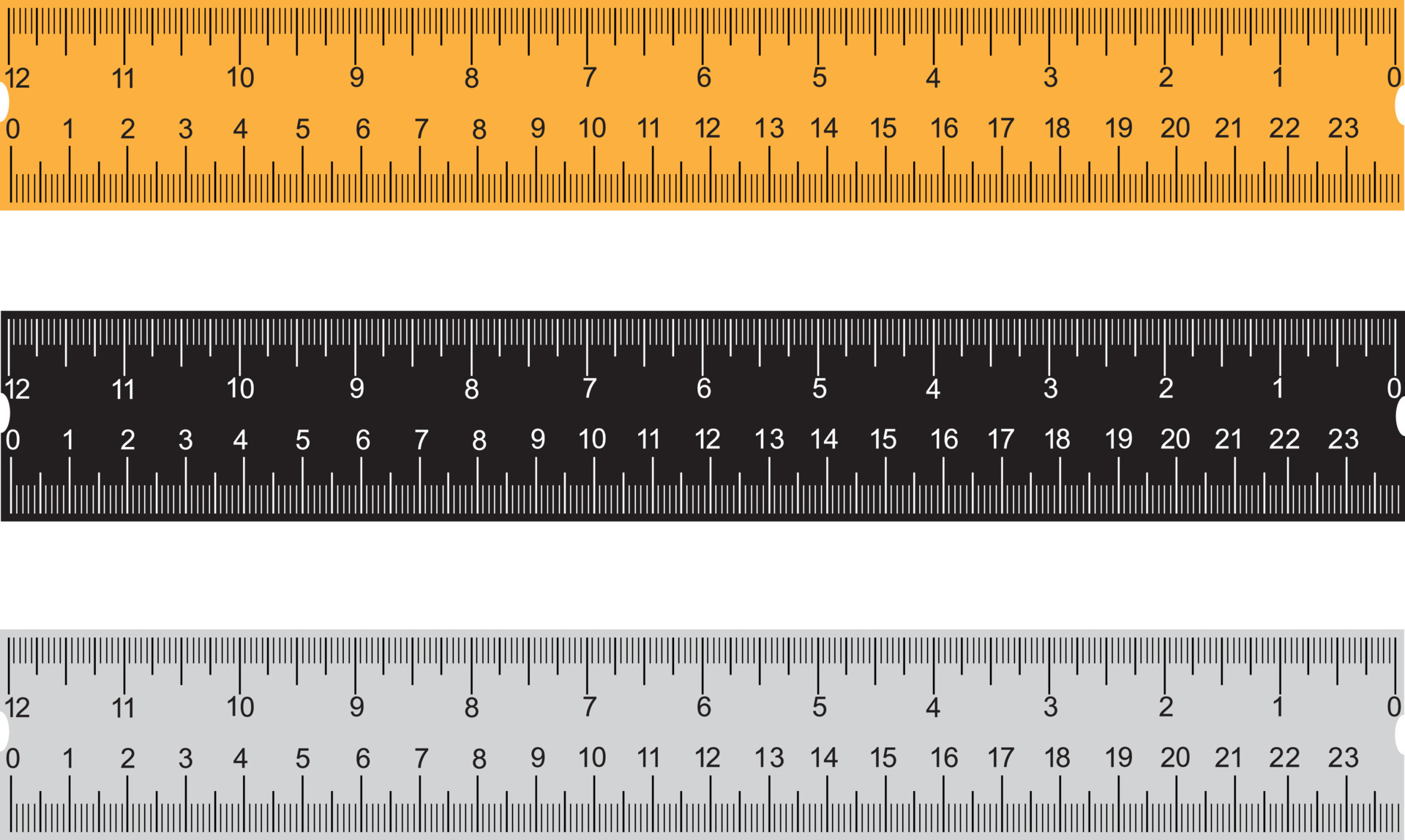 Set of three rulers on transparent background. Plastic yellow, black, gray  insulated rulers with double side measuring inches and centimeters. 8786428  Vector Art at Vecteezy