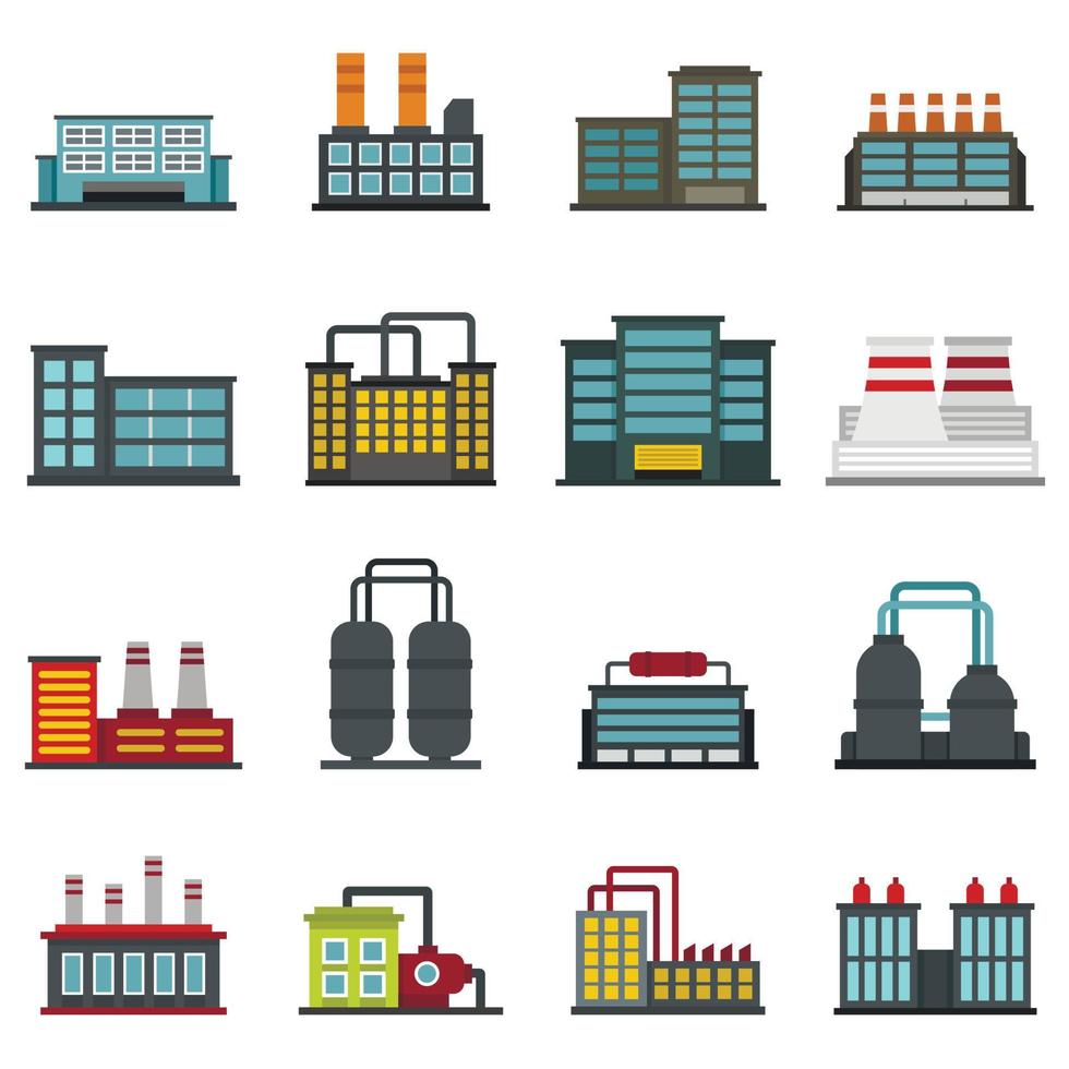 Industrial building factory set flat icons vector