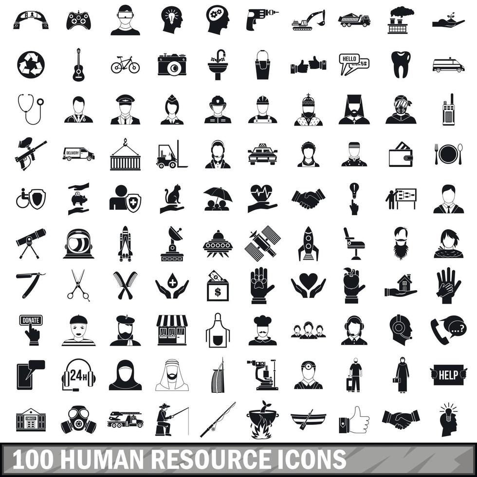 100 human resources icons set in simple style vector