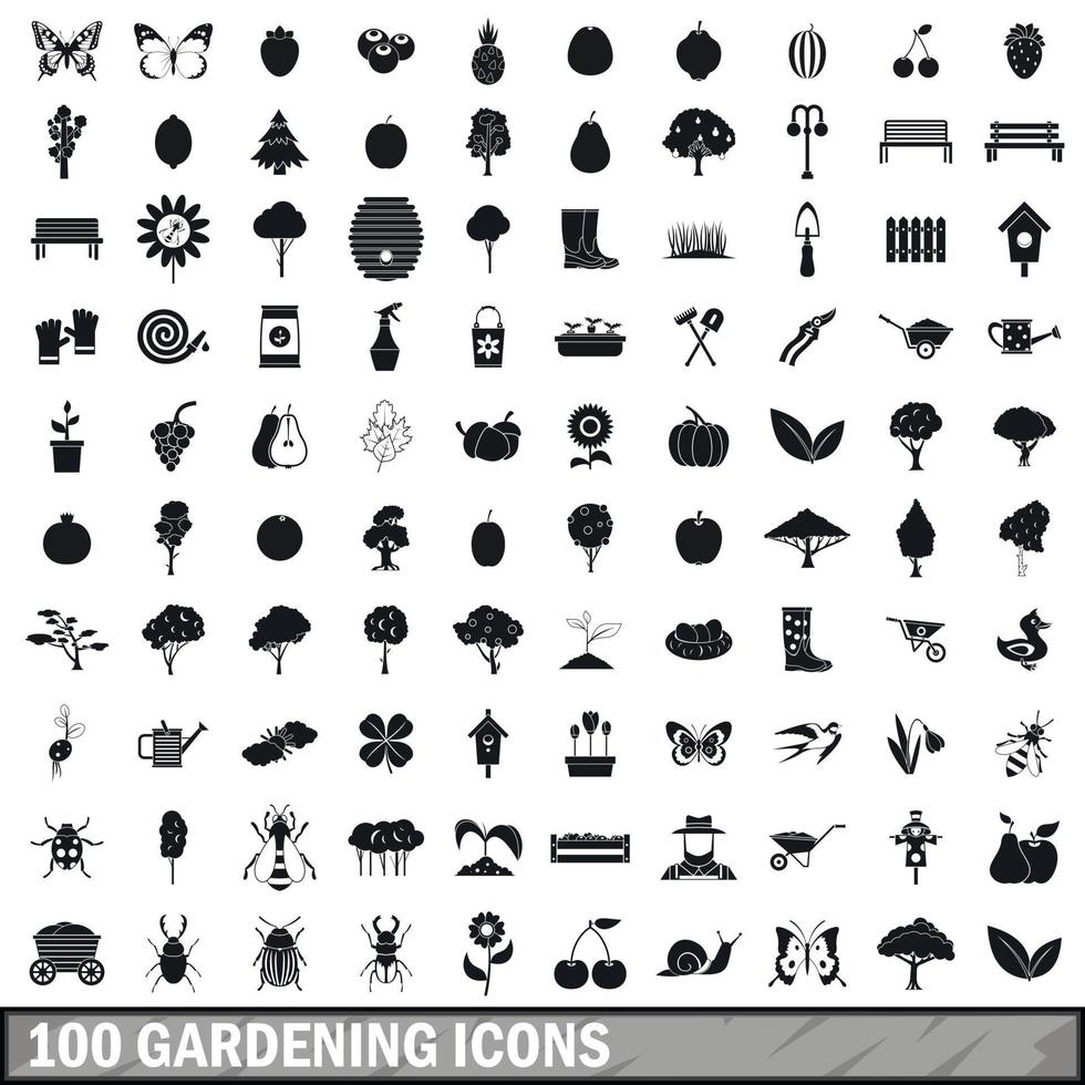 100 gardening icons set in simple style vector