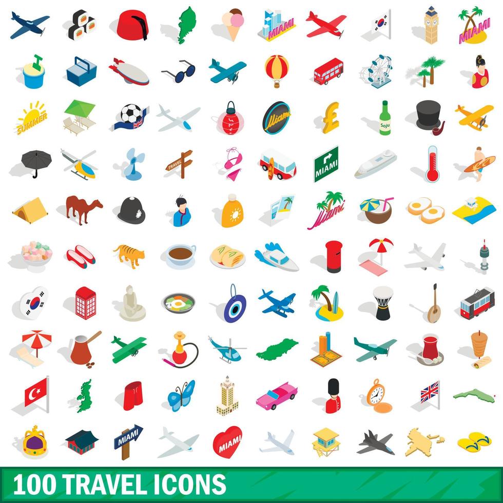 100 travel icons set, isometric 3d style vector