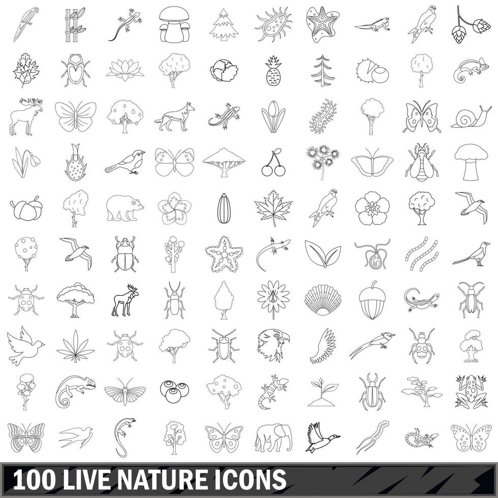 100 live nature icons set, outline style vector
