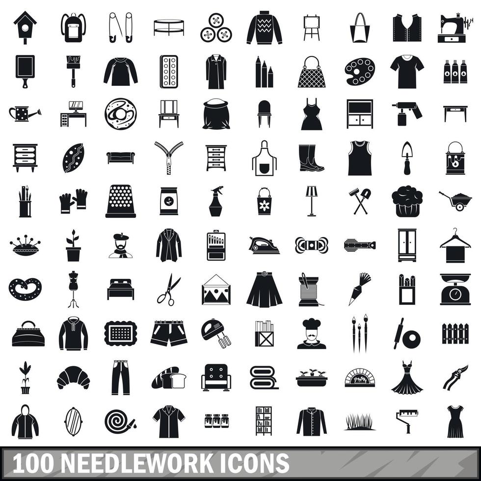 100 needlework icons set, simple style vector