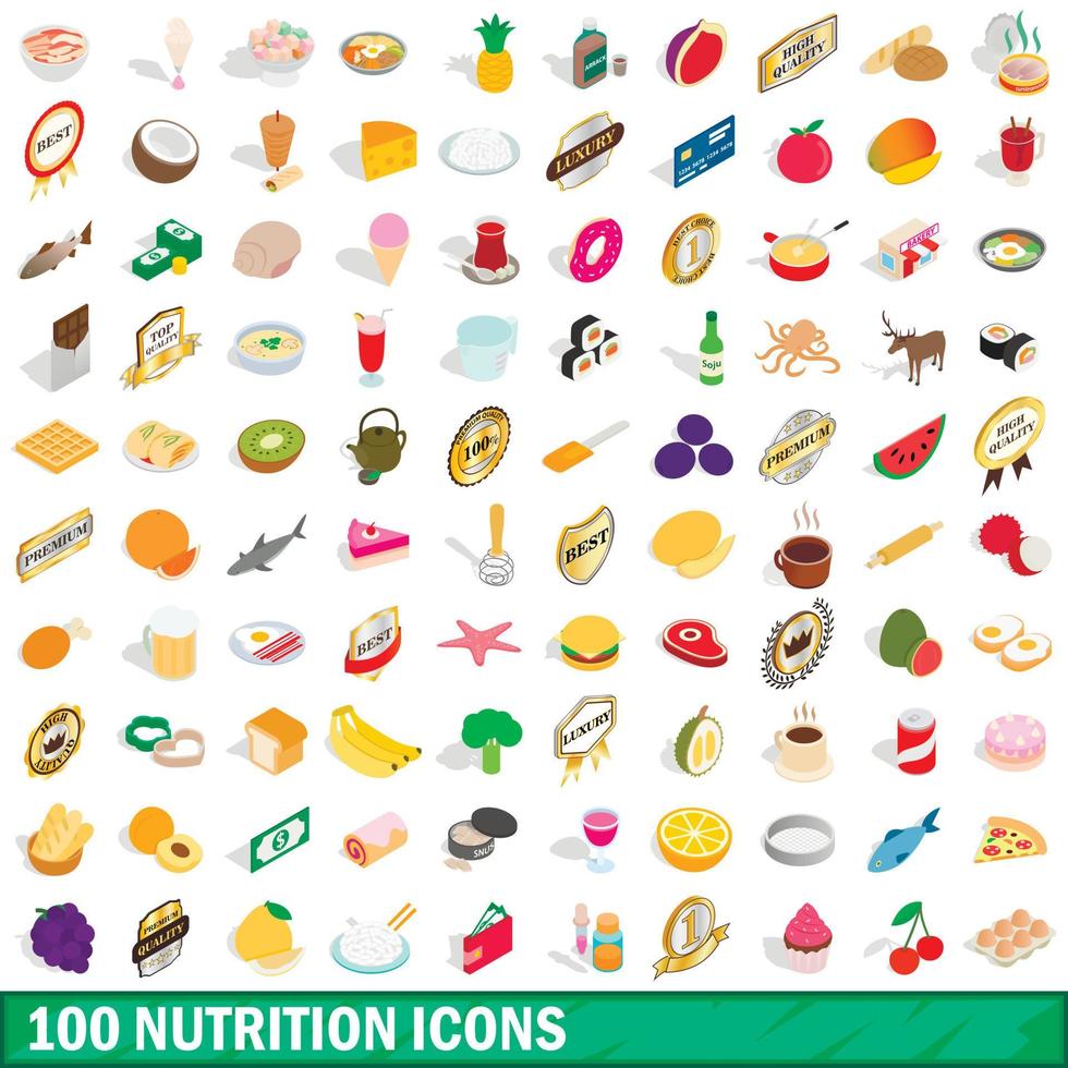 100 nutrition icons set, isometric 3d style vector