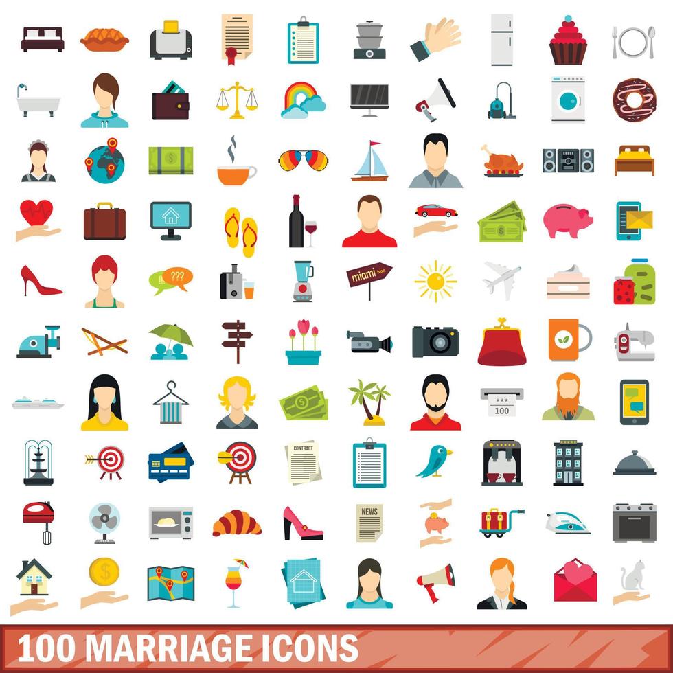 100 marriage icons set, flat style vector