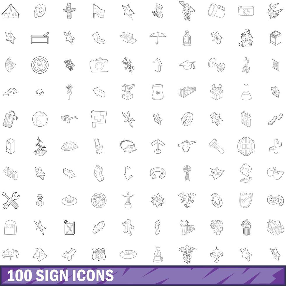 100 sign icons set, outline style vector