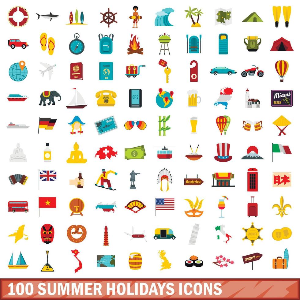 100 iconos de vacaciones de verano, estilo plano vector