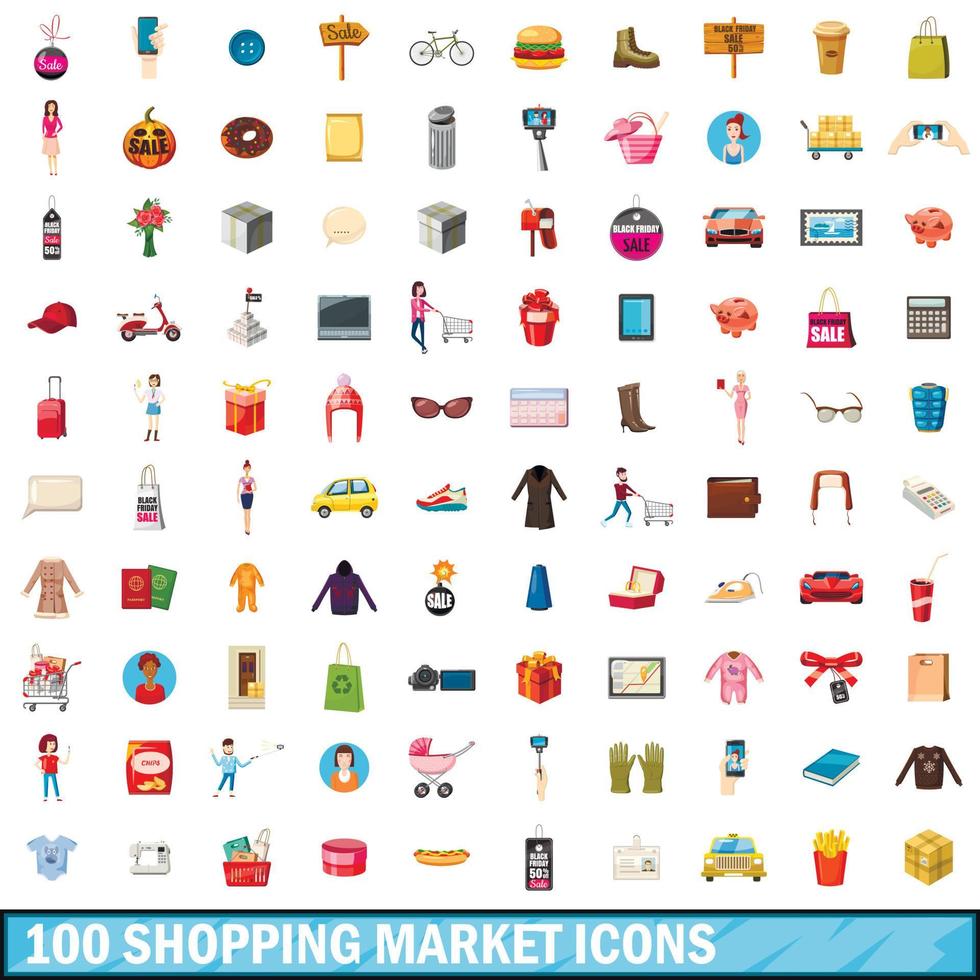 100 iconos de mercado de compras, estilo de dibujos animados vector