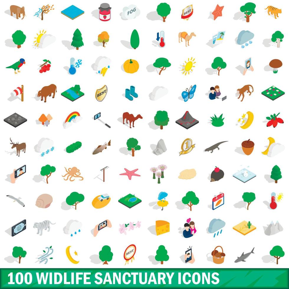 100 widlife sanctuary icons set, isometric style vector