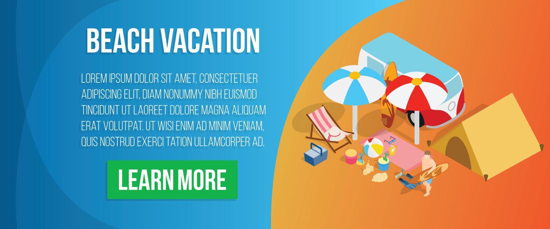 Beach vacation concept banner, isometric style vector